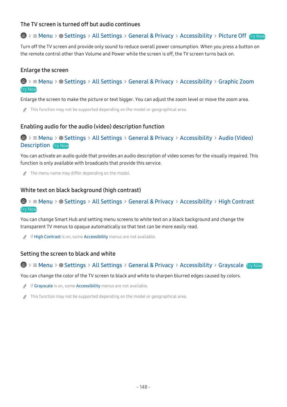 The tv screen is turned off but audio continues, Enlarge the screen, White text on black background (high contrast) | Setting the screen to black and white | Samsung S95C 77" 4K HDR Quantum Dot OLED TV User Manual | Page 148 / 272