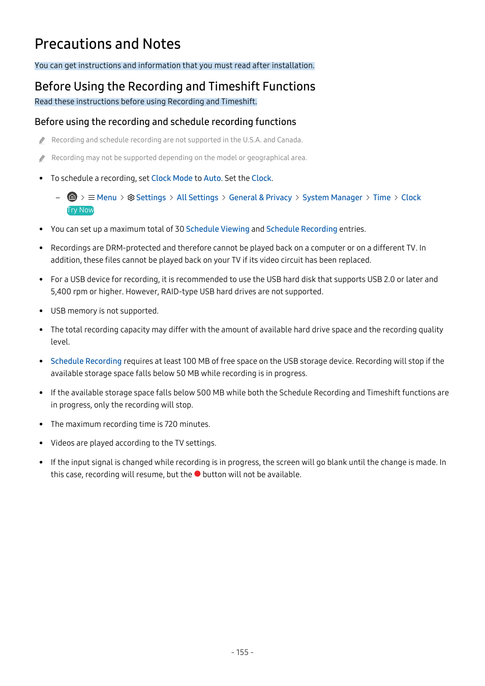 Precautions and notes, Before using the recording and timeshift functions | Samsung S95C 77" 4K HDR Quantum Dot OLED TV User Manual | Page 155 / 272