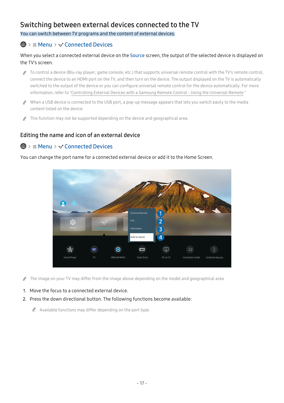 Editing the name and icon of an external device, Menu connected devices | Samsung S95C 77" 4K HDR Quantum Dot OLED TV User Manual | Page 17 / 272