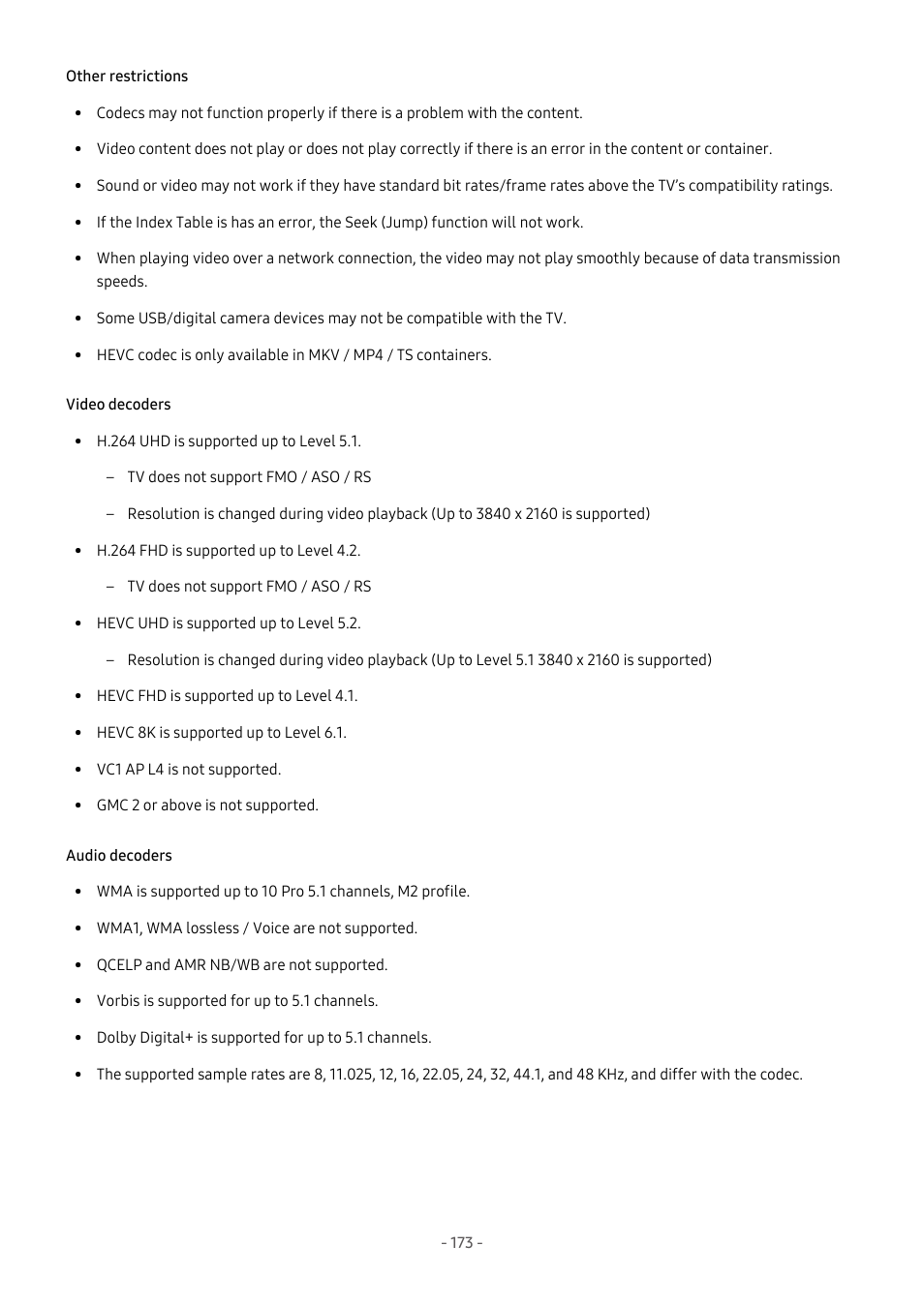 Other restrictions, Video decoders, Audio decoders | Samsung S95C 77" 4K HDR Quantum Dot OLED TV User Manual | Page 173 / 272