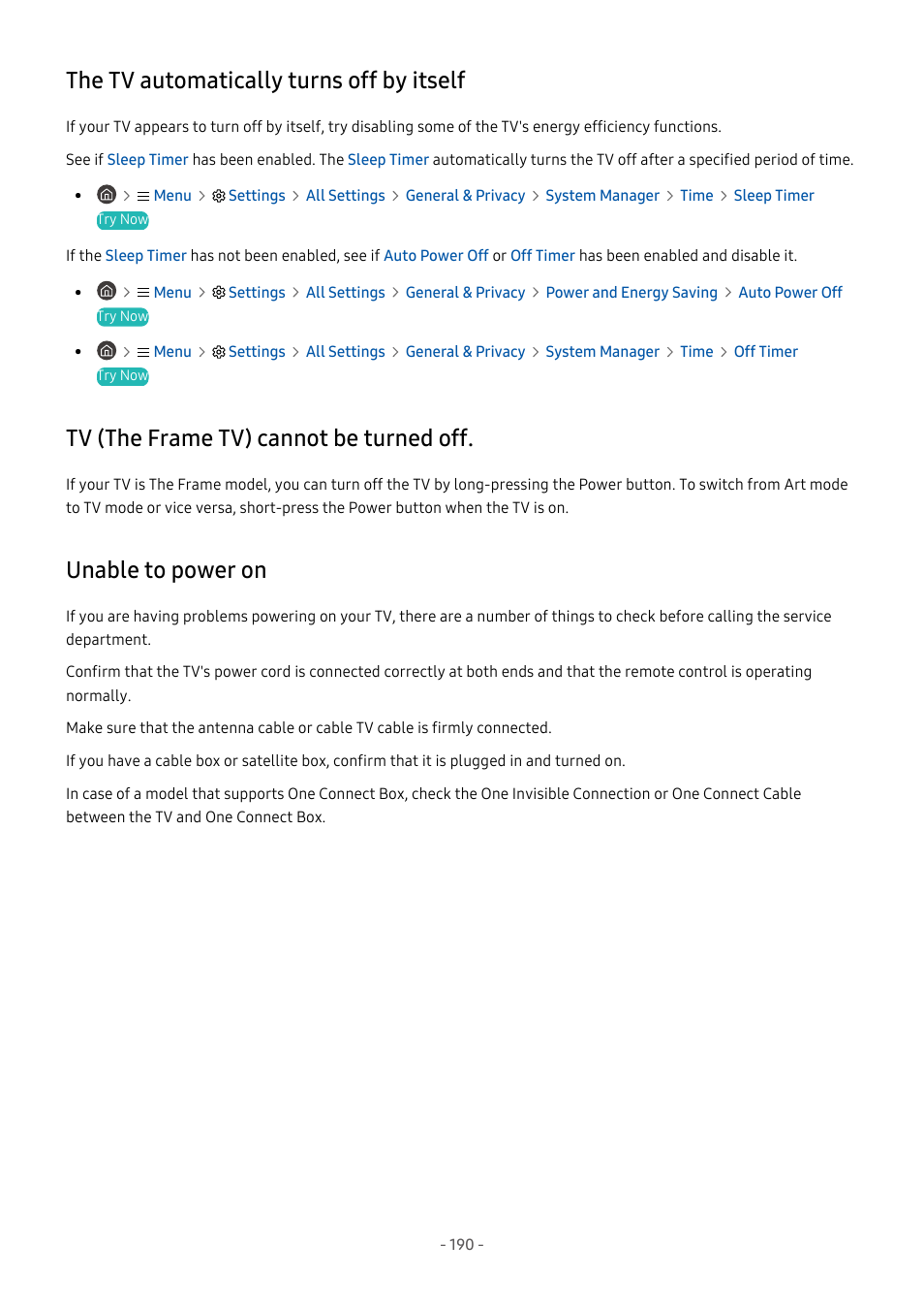 The tv automatically turns off by itself, Tv (the frame tv) cannot be turned off, Unable to power on | 190 the tv automatically turns off by itself, 190 tv (the frame tv) cannot be turned off, 190 unable to power on | Samsung S95C 77" 4K HDR Quantum Dot OLED TV User Manual | Page 190 / 272