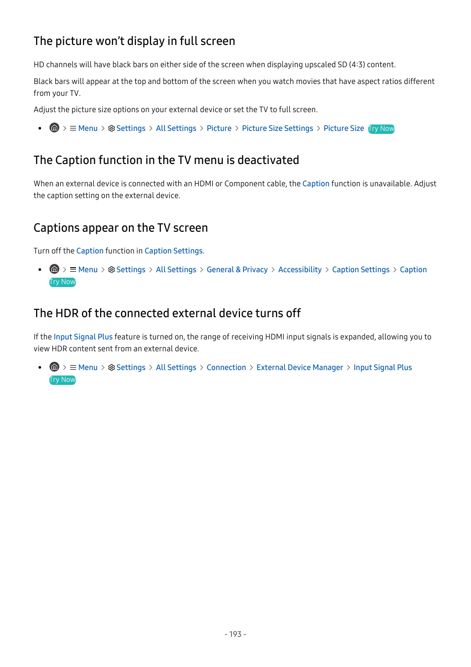 The picture won’t display in full screen, The caption function in the tv menu is deactivated, Captions appear on the tv screen | The hdr of the connected external device turns off, 193 the picture won’t display in full screen, 193 captions appear on the tv screen | Samsung S95C 77" 4K HDR Quantum Dot OLED TV User Manual | Page 193 / 272