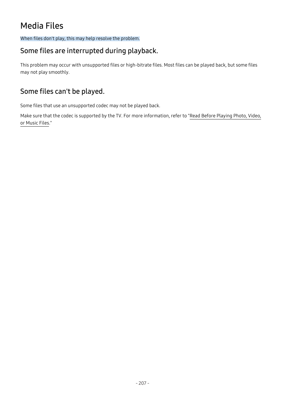 Media files, Some files are interrupted during playback, Some files can't be played | 207 some files are interrupted during playback, 207 some files can't be played | Samsung S95C 77