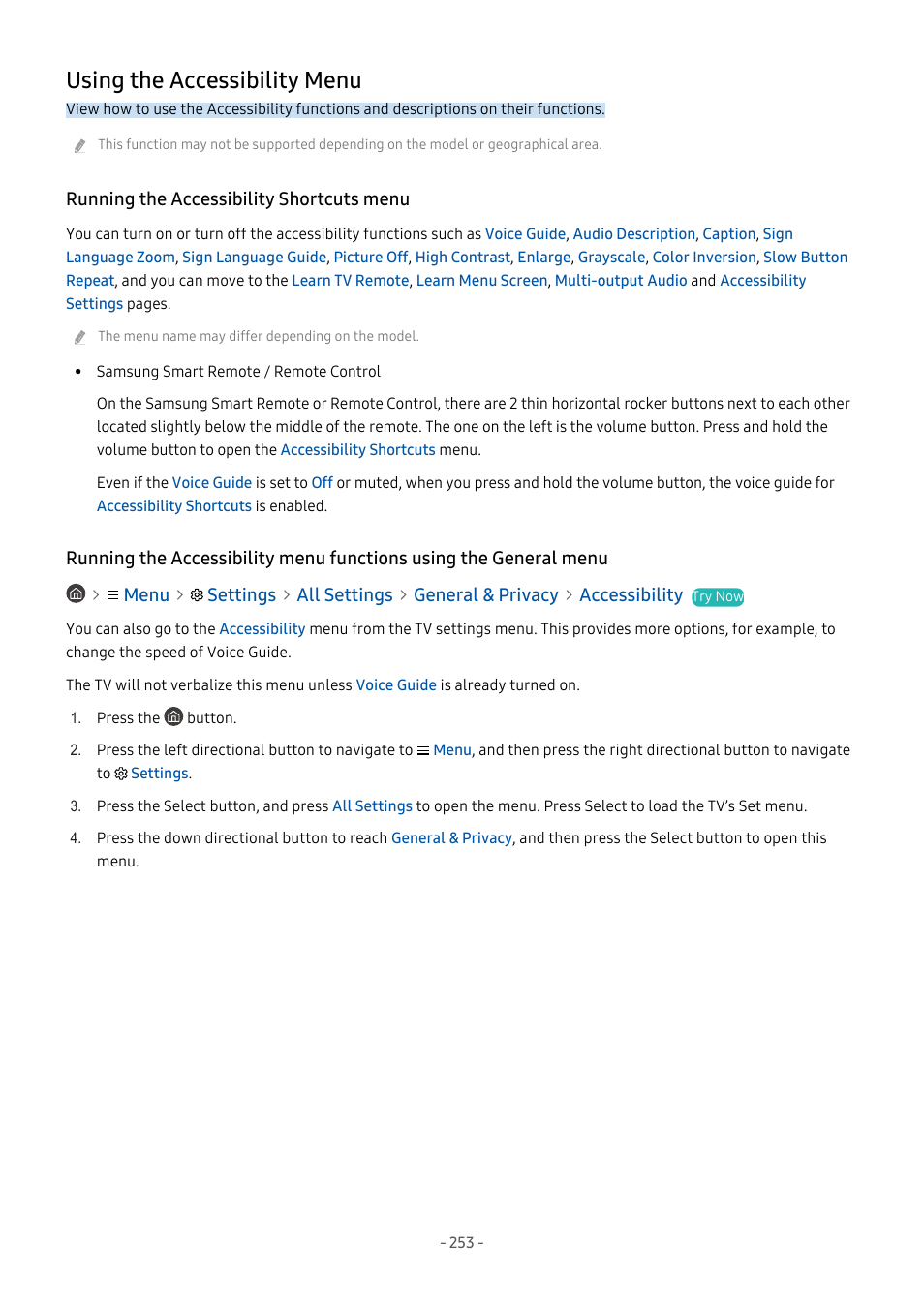Using the accessibility menu, Running the accessibility shortcuts menu, 253 using the accessibility menu | Samsung S95C 77" 4K HDR Quantum Dot OLED TV User Manual | Page 253 / 272
