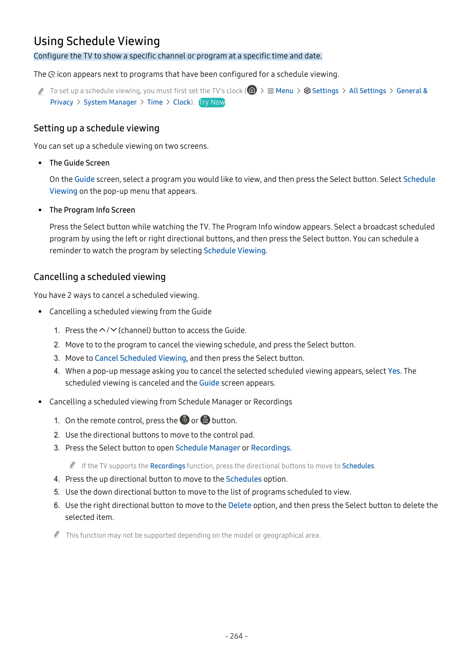 Using schedule viewing, Setting up a schedule viewing, Cancelling a scheduled viewing | 264 using schedule viewing | Samsung S95C 77" 4K HDR Quantum Dot OLED TV User Manual | Page 264 / 272