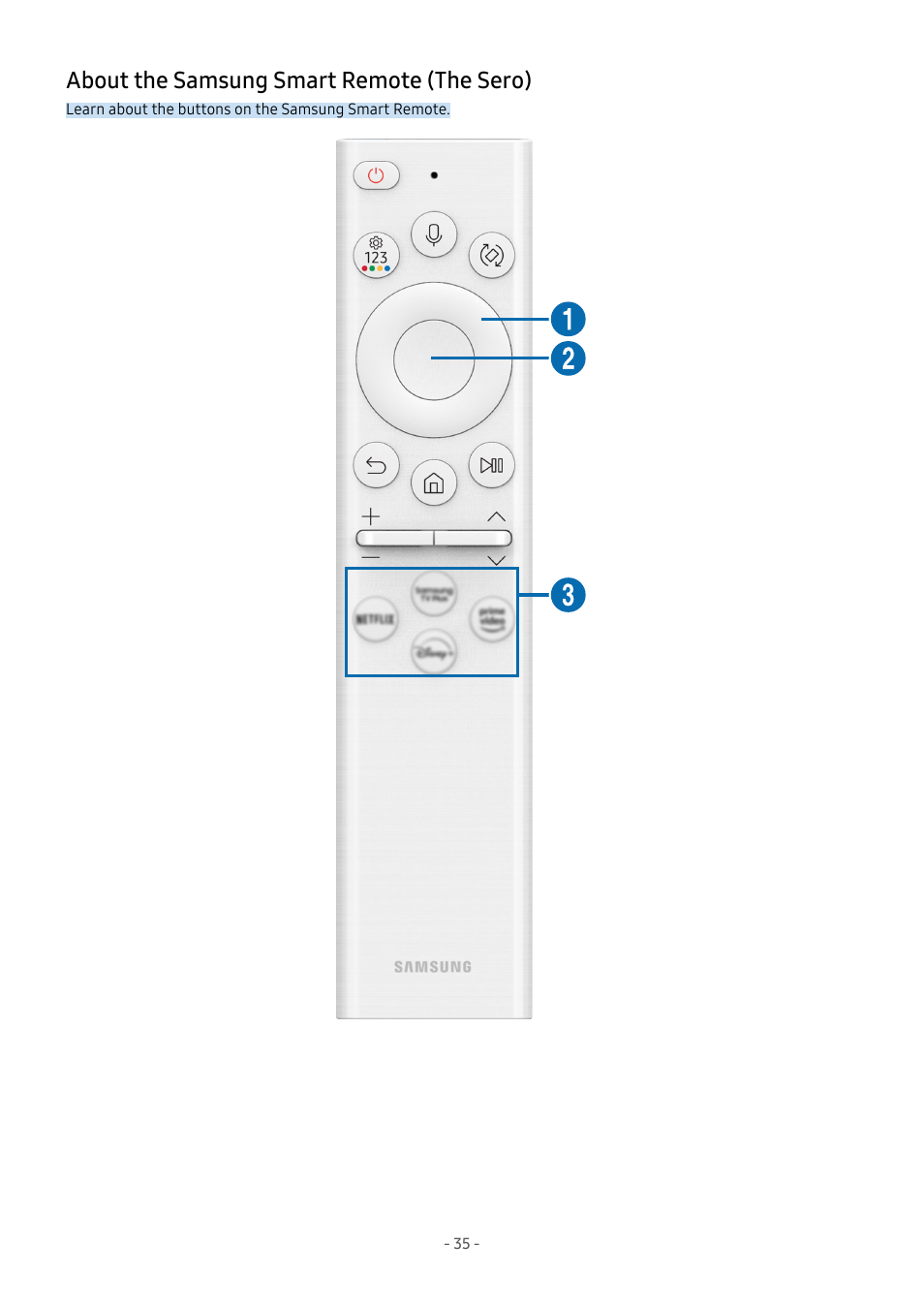 About the samsung smart remote (the sero), 35 about the samsung smart remote (the sero) | Samsung S95C 77" 4K HDR Quantum Dot OLED TV User Manual | Page 35 / 272