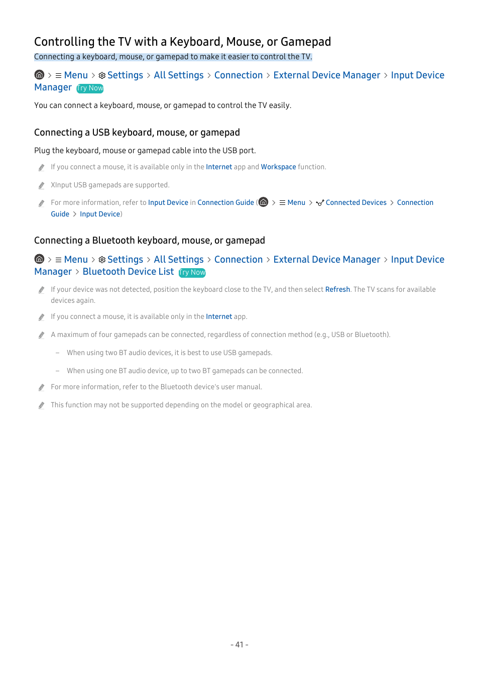 Connecting a usb keyboard, mouse, or gamepad, Connecting a bluetooth keyboard, mouse, or gamepad | Samsung S95C 77" 4K HDR Quantum Dot OLED TV User Manual | Page 41 / 272