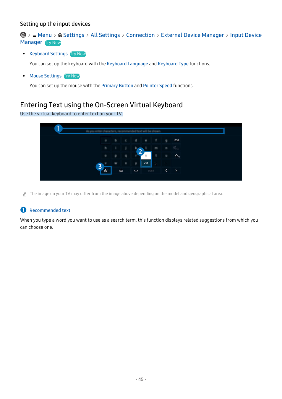 Setting up the input devices, Entering text using the on-screen virtual keyboard | Samsung S95C 77" 4K HDR Quantum Dot OLED TV User Manual | Page 45 / 272