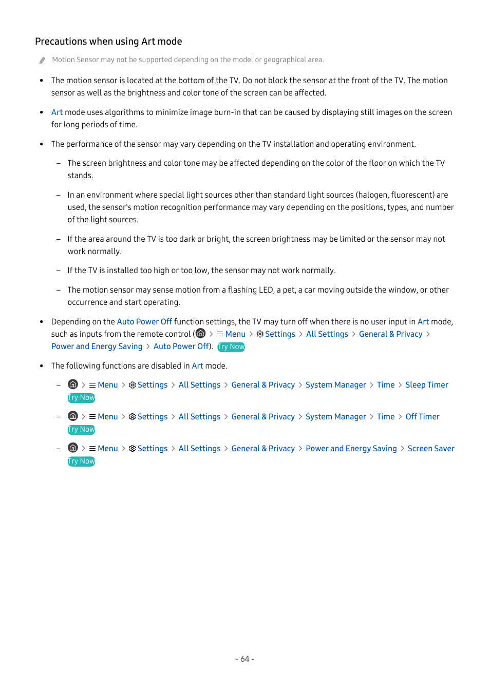 Precautions when using art mode | Samsung S95C 77" 4K HDR Quantum Dot OLED TV User Manual | Page 64 / 272