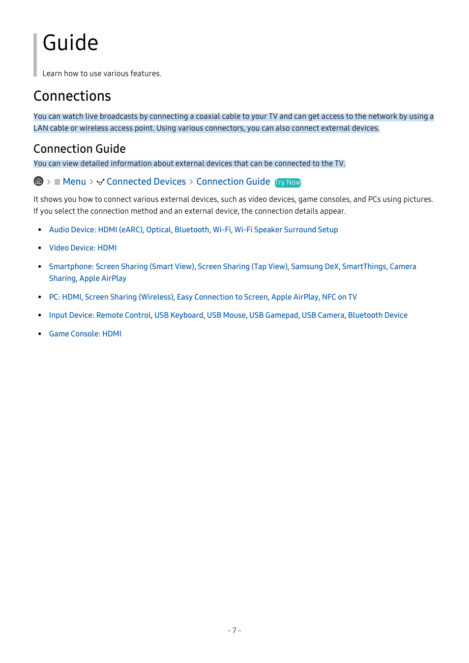 Guide, Connections, Connection guide | Samsung S95C 77" 4K HDR Quantum Dot OLED TV User Manual | Page 7 / 272