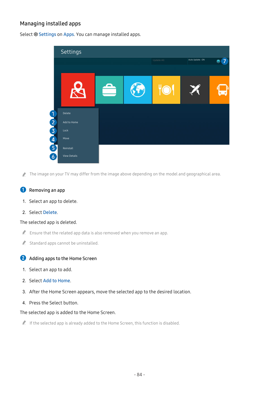 Managing installed apps, Settings | Samsung S95C 77" 4K HDR Quantum Dot OLED TV User Manual | Page 84 / 272