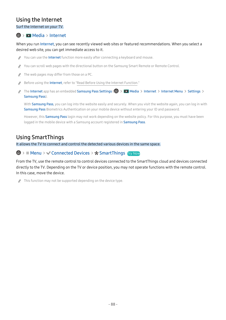Using the internet, Using smartthings, 88 using the internet | 88 using smartthings | Samsung S95C 77" 4K HDR Quantum Dot OLED TV User Manual | Page 88 / 272