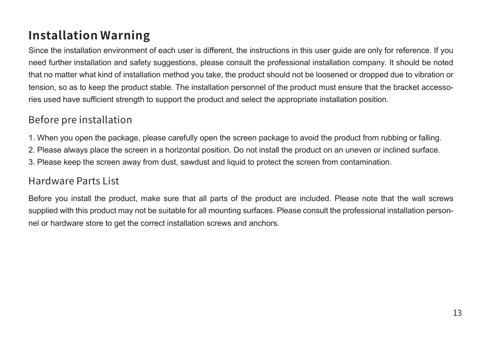Installation warning | Samsung VG-PRSP120S/ZA The Premiere 120" Rollable Screen (2022) User Manual | Page 14 / 28