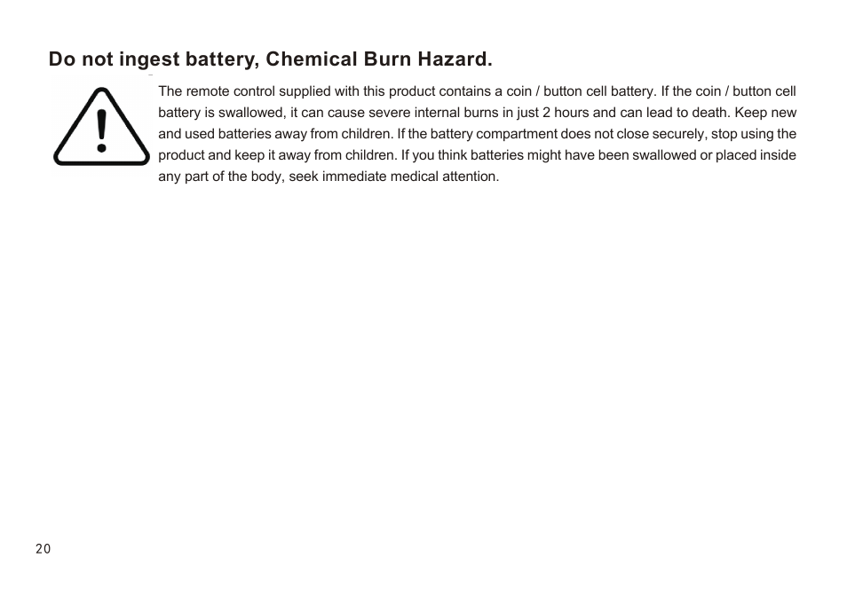 Do not ingest battery, chemical burn hazard | Samsung VG-PRSP120S/ZA The Premiere 120" Rollable Screen (2022) User Manual | Page 21 / 28