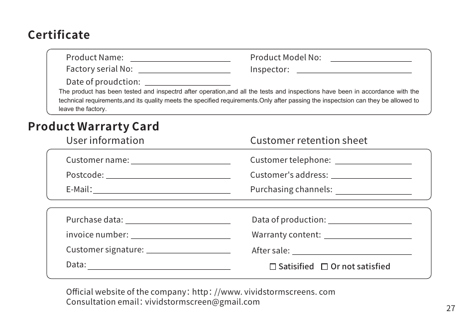 Certiﬁcate product warrarty card | Samsung VG-PRSP120S/ZA The Premiere 120" Rollable Screen (2022) User Manual | Page 28 / 28