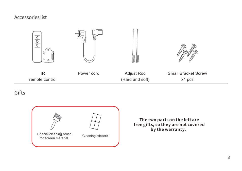 Accessories list gifts | Samsung VG-PRSP120S/ZA The Premiere 120" Rollable Screen (2022) User Manual | Page 4 / 28