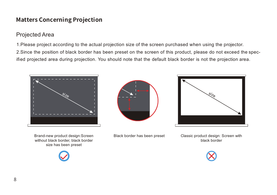 Matters concerning projection projected area | Samsung VG-PRSP120S/ZA The Premiere 120" Rollable Screen (2022) User Manual | Page 9 / 28