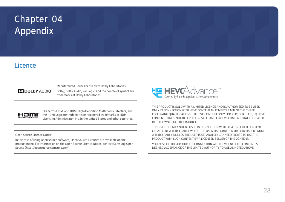 Appendix, Licence, Licence 28 | Chapter 04 | Samsung QB24R-TB 24" Class Full HD Commercial Monitor User Manual | Page 28 / 28