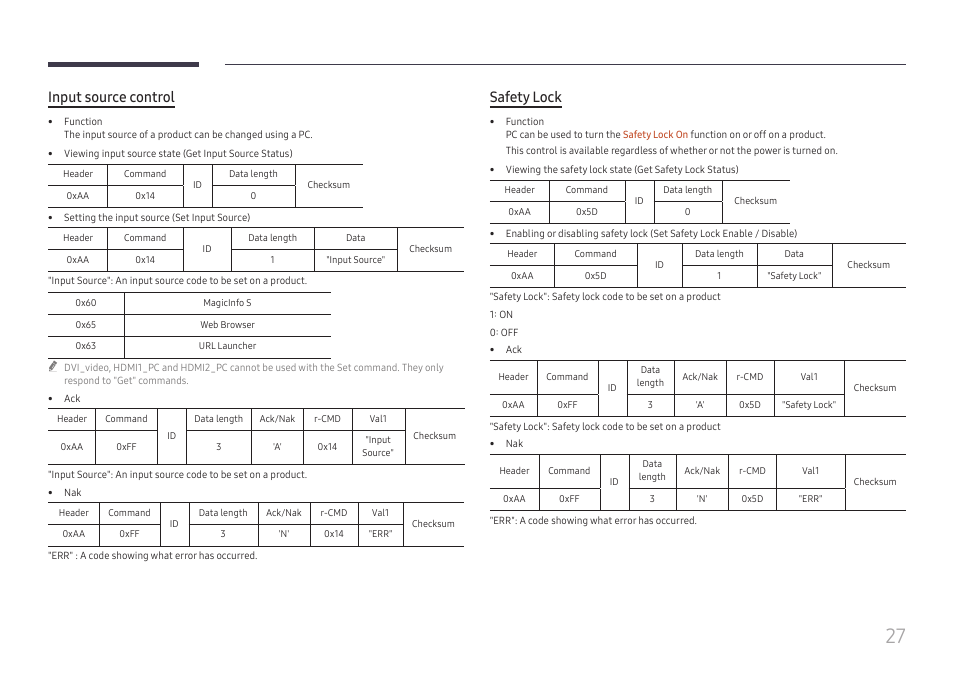 Input source control, Safety lock | Samsung UHD Signage Player Box User Manual | Page 27 / 73