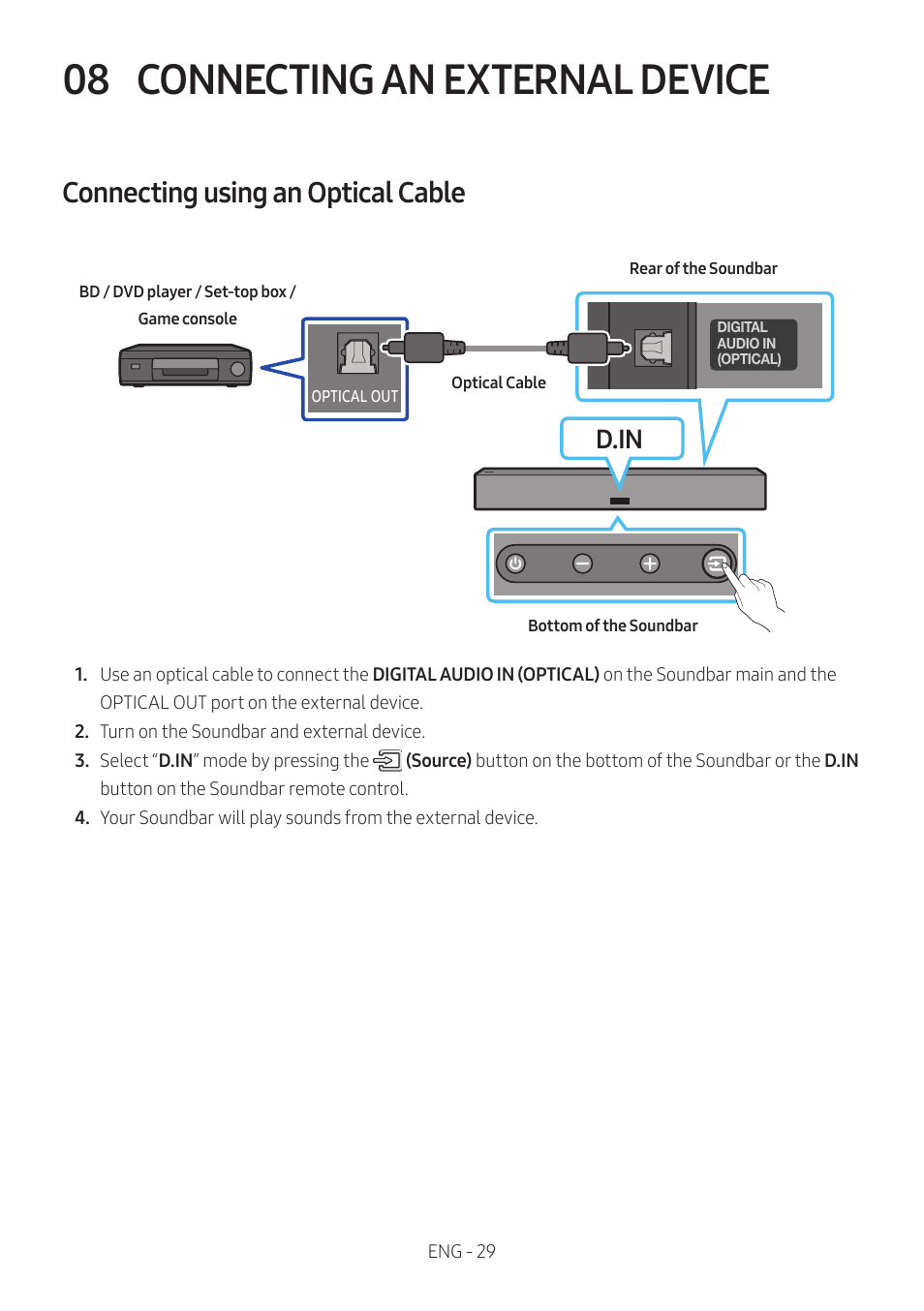08 connecting an external device, Connecting using an optical cable, Connecting an external device | D.in | Samsung The Terrace HW-LST70T 210W 3-Channel Outdoor Soundbar User Manual | Page 29 / 42