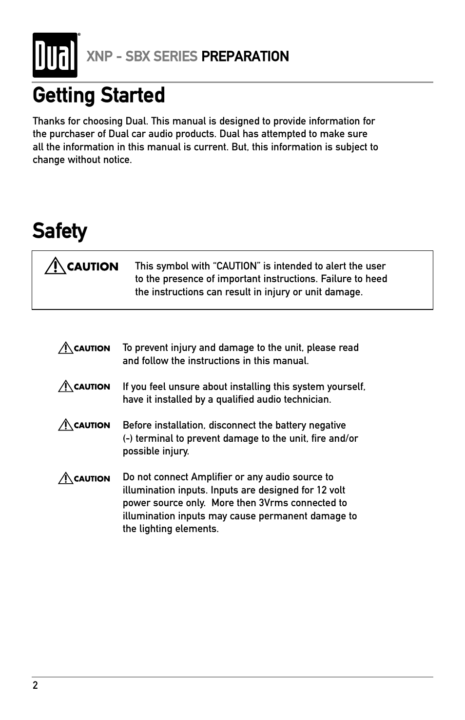 Getting started safety | Dual XNP553 User Manual | Page 2 / 8