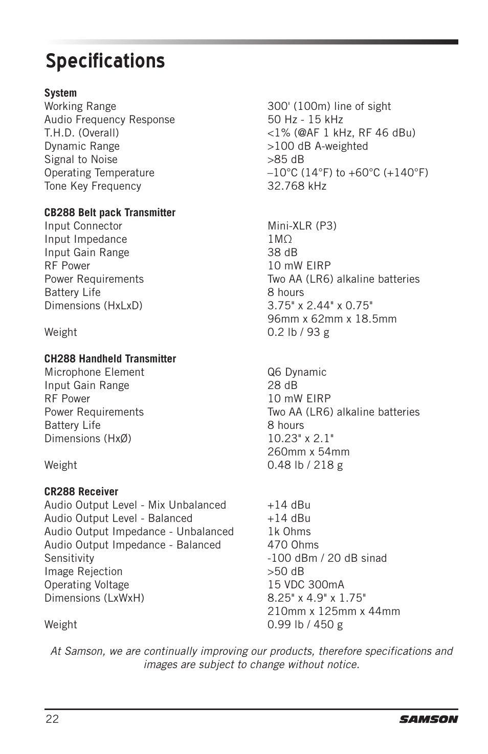 Specifications | Samson CB288 Beltpack Transmitter for Concert 288 Wireless System (Band H, Channel A) User Manual | Page 22 / 104