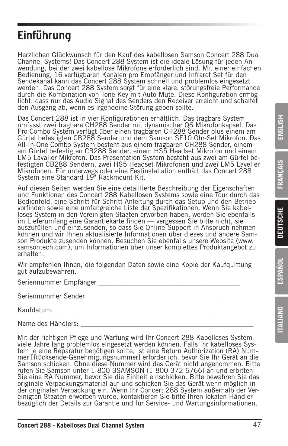 Einführung | Samson CB288 Beltpack Transmitter for Concert 288 Wireless System (Band H, Channel A) User Manual | Page 47 / 104