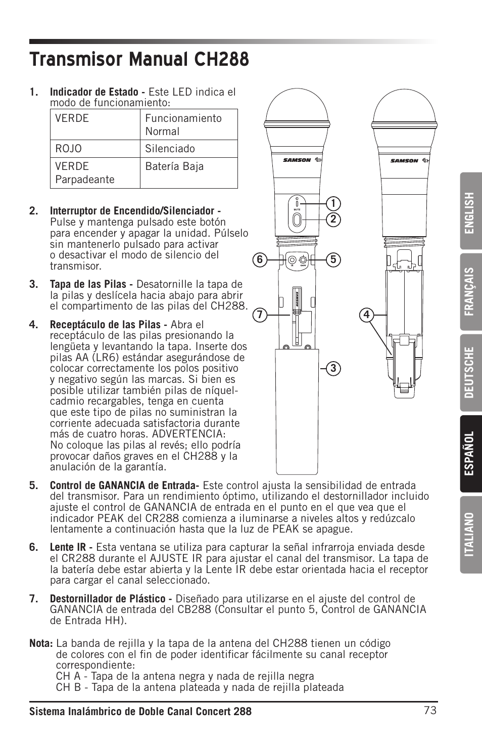 Transmisor manual ch288 | Samson CB288 Beltpack Transmitter for Concert 288 Wireless System (Band H, Channel A) User Manual | Page 73 / 104