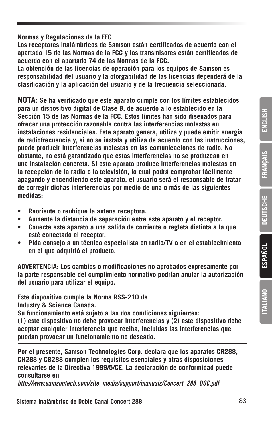 Nota | Samson CB288 Beltpack Transmitter for Concert 288 Wireless System (Band H, Channel A) User Manual | Page 83 / 104