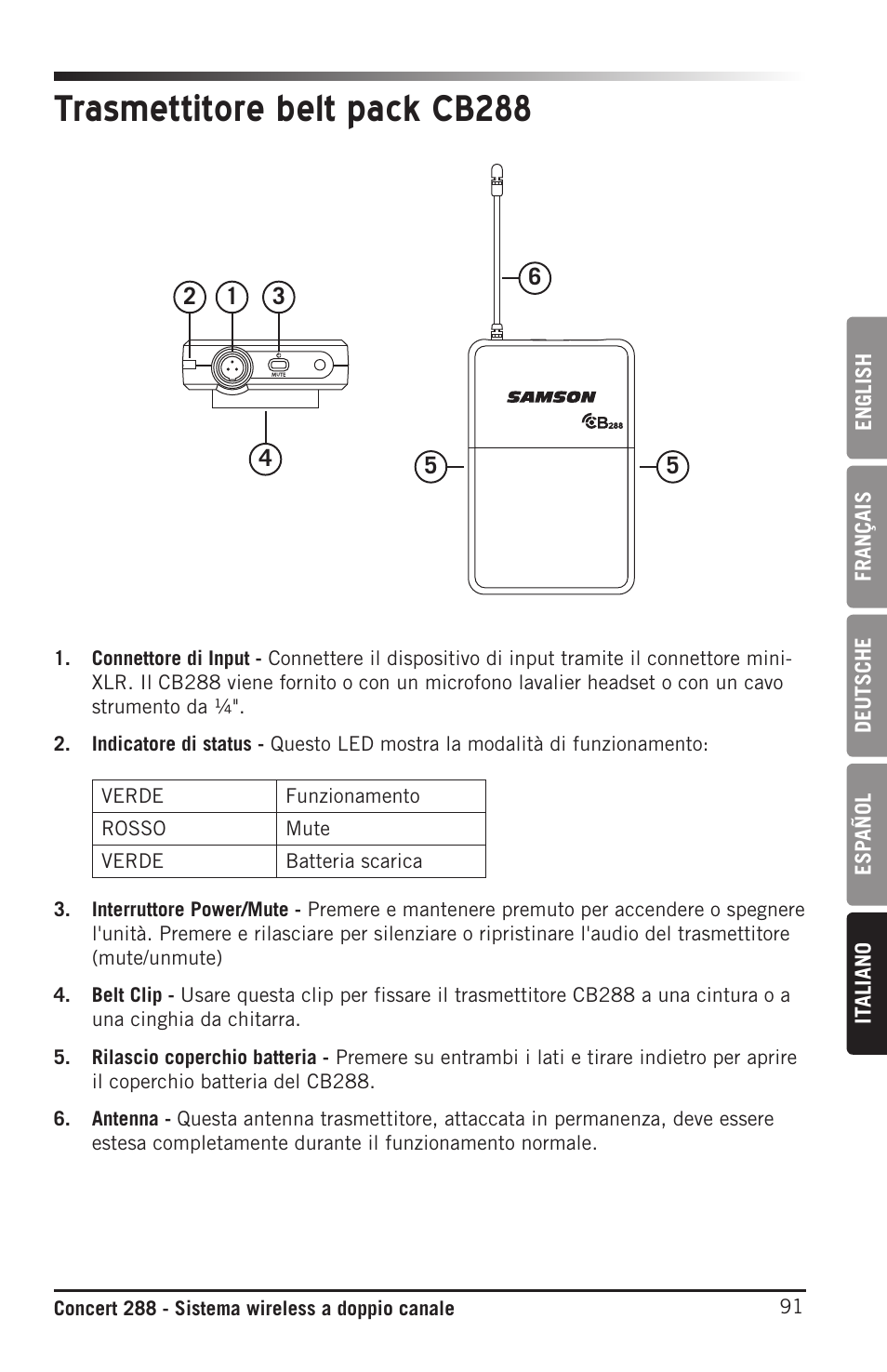 Trasmettitore belt pack cb288 | Samson CB288 Beltpack Transmitter for Concert 288 Wireless System (Band H, Channel A) User Manual | Page 91 / 104