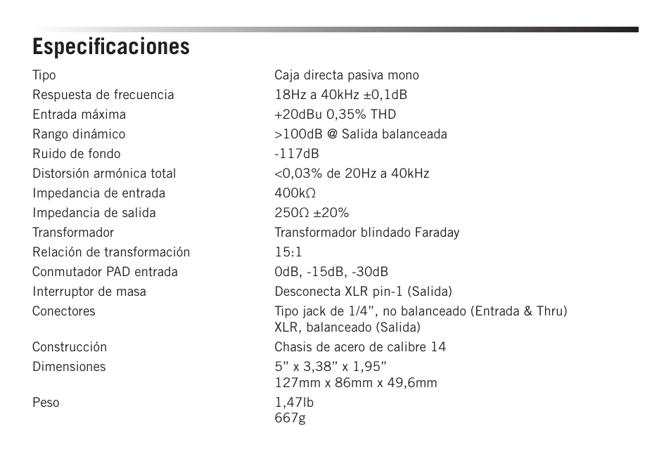 Especificaciones | Samson S-MAX MD1 Pro Single Channel Passive Direct Box User Manual | Page 28 / 36