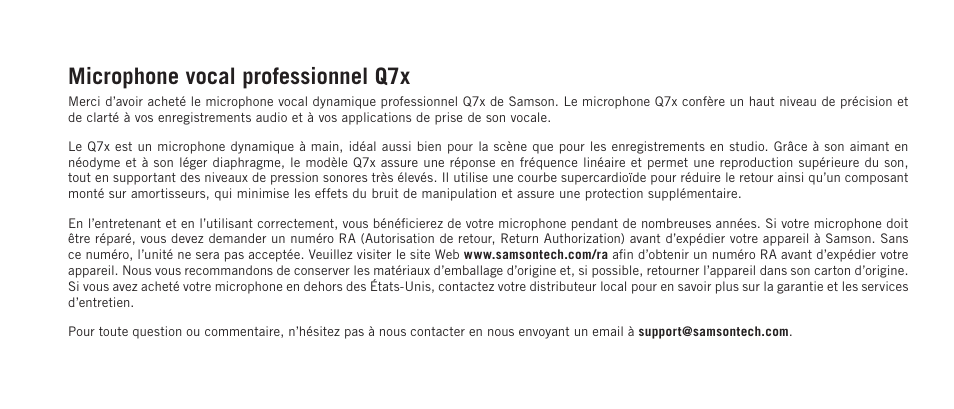Microphone vocal professionnel q7x | Samson Q7x Dynamic Supercardioid Handheld Microphone User Manual | Page 10 / 44