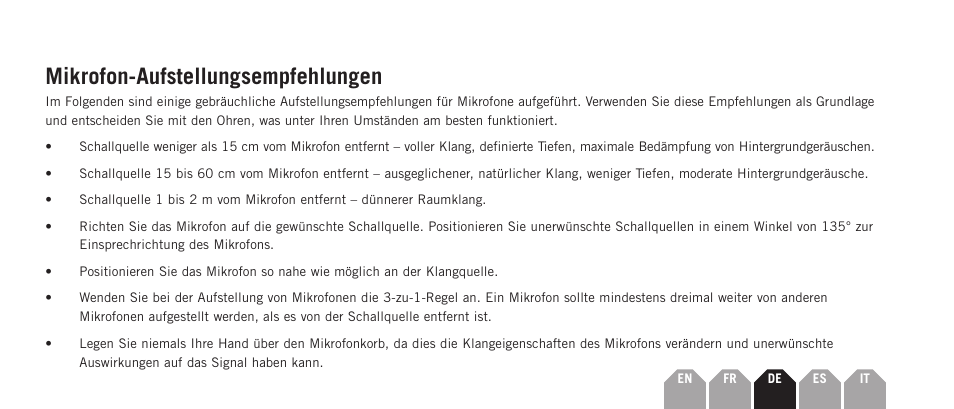 Mikrofon-aufstellungsempfehlungen | Samson Q7x Dynamic Supercardioid Handheld Microphone User Manual | Page 21 / 44