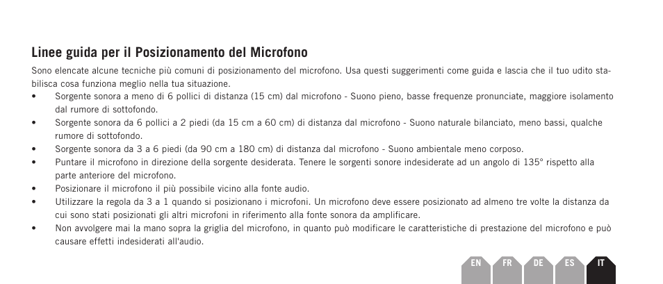 Linee guida per il posizionamento del microfono | Samson Q7x Dynamic Supercardioid Handheld Microphone User Manual | Page 37 / 44
