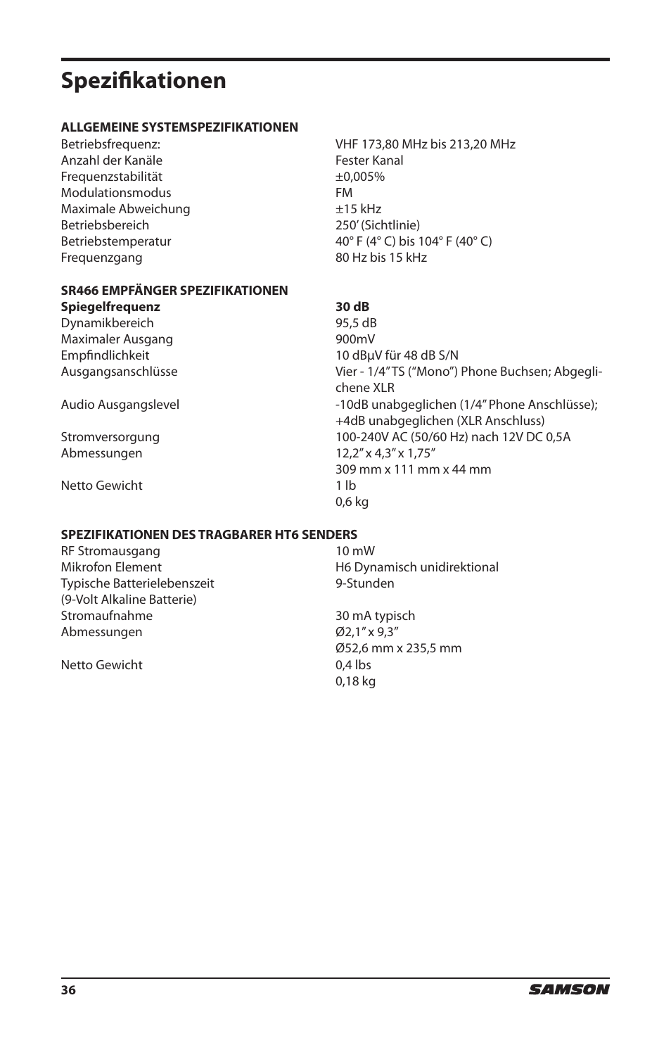 Spezifikationen | Samson HT6 Wireless Handheld Microphone Transmitter (Channel 11) User Manual | Page 36 / 64
