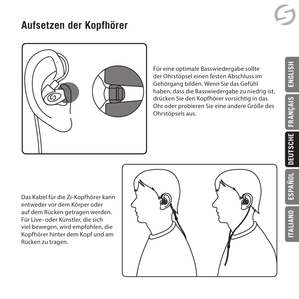 Aufsetzen der kopfhörer | Samson Zi100 Single-Driver Reference Earphones (Black) User Manual | Page 27 / 52