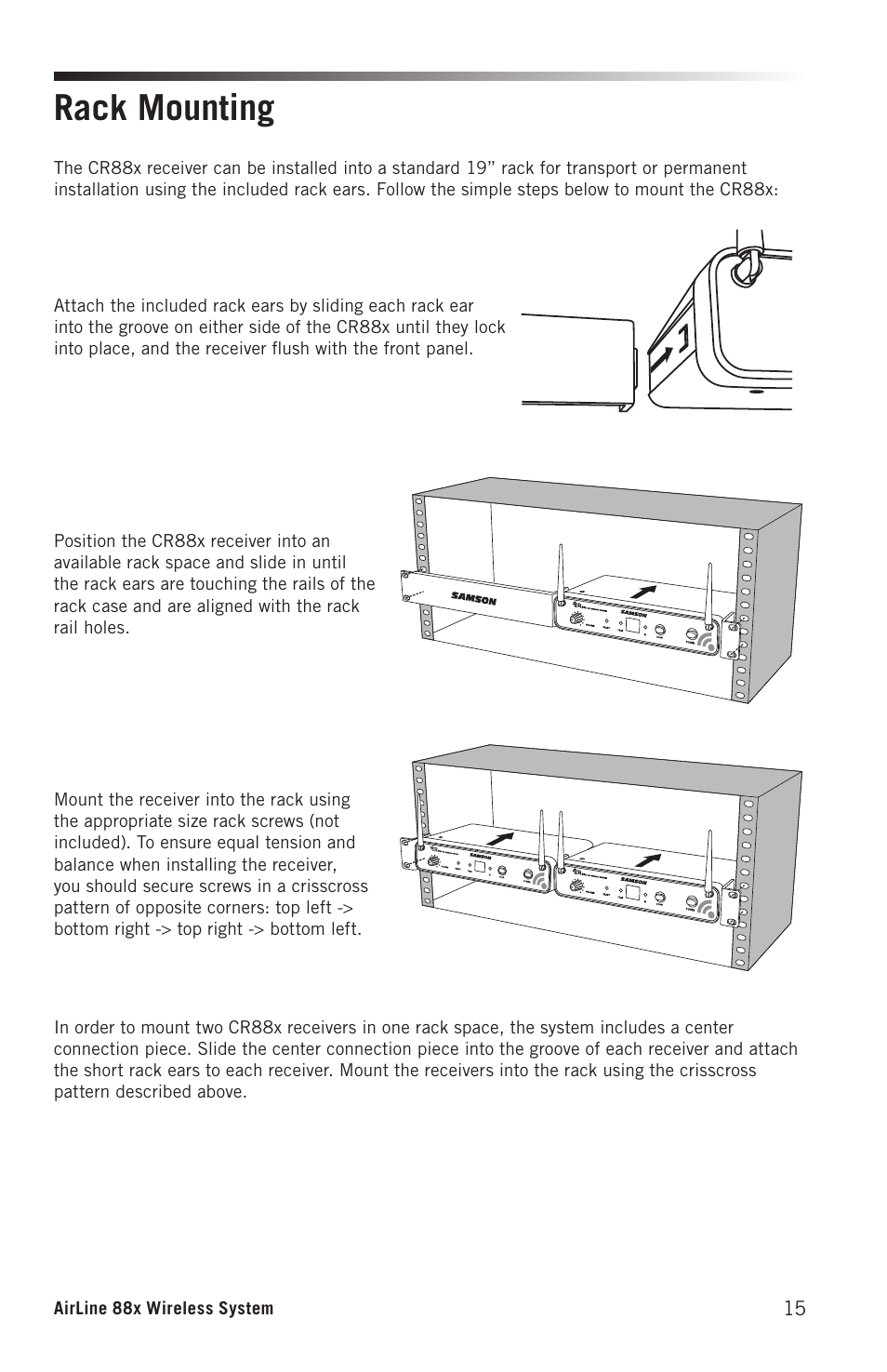 Rack mounting | Samson AirLine 88x Wireless Guitar System (K: 470 to 494 MHz) User Manual | Page 15 / 20