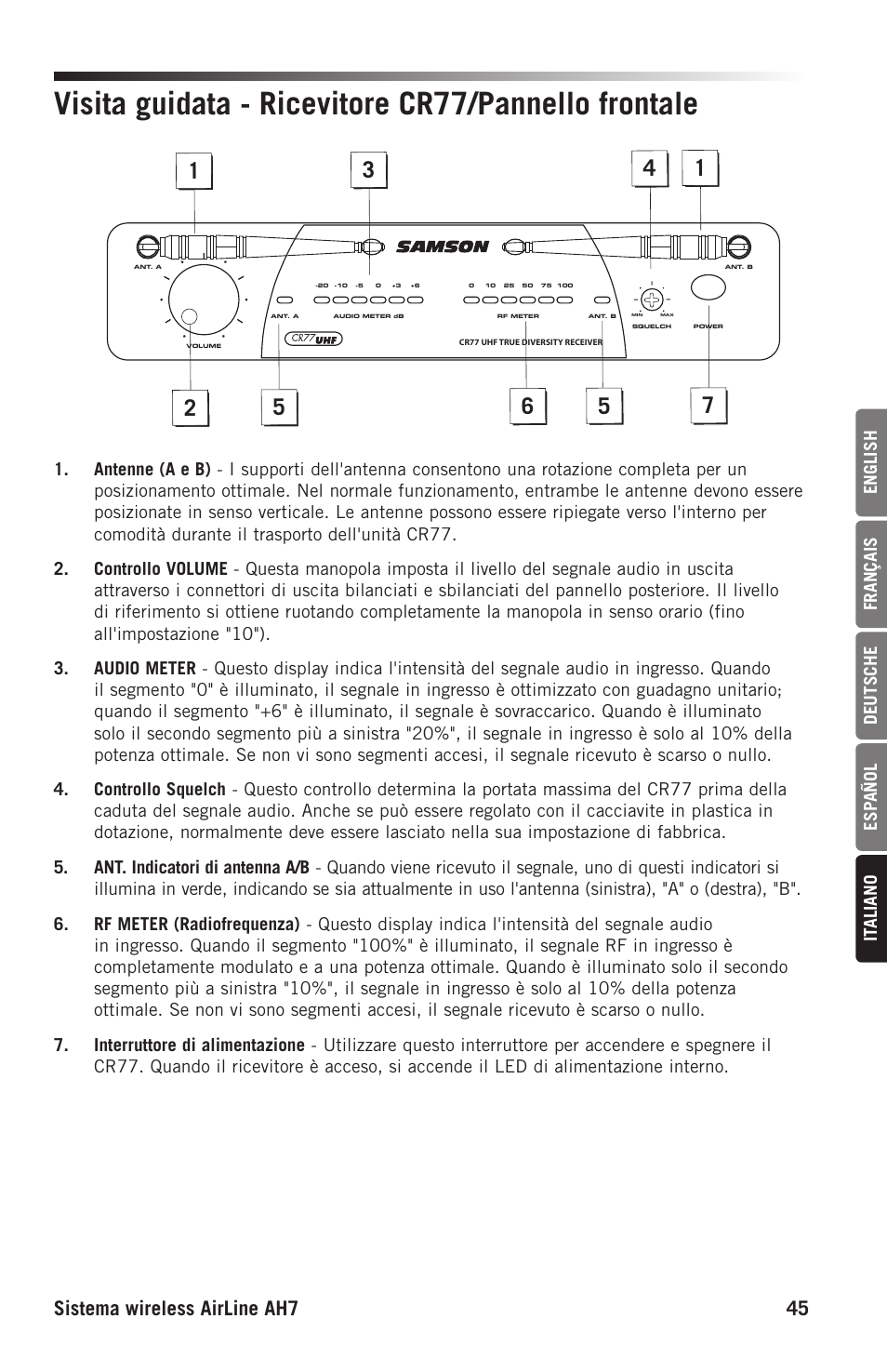 Visita guidata - ricevitore cr77/pannello frontale, Sistema wireless airline ah7 45 | Samson AH7 Transmitter with QE Fitness Headset Microphone (K1: 489.050 MHz) User Manual | Page 45 / 52