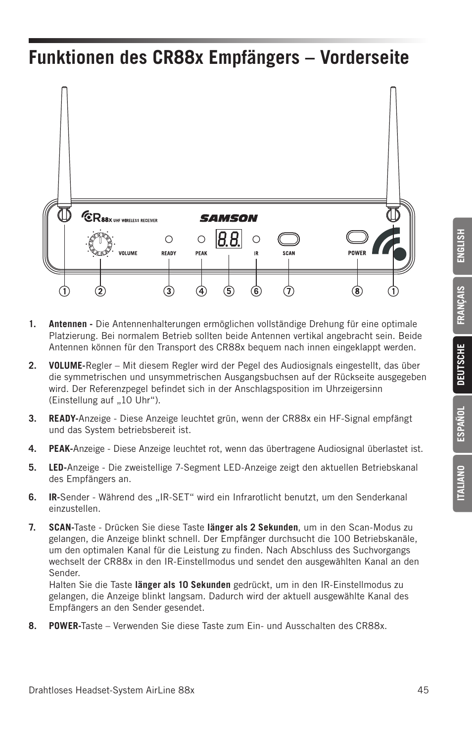 Funktionen des cr88x empfängers – vorderseite | Samson AH8 AirLine 88 Wireless Fitness Headset Microphone Transmitter (D: 542 to 566 MHz) User Manual | Page 45 / 84
