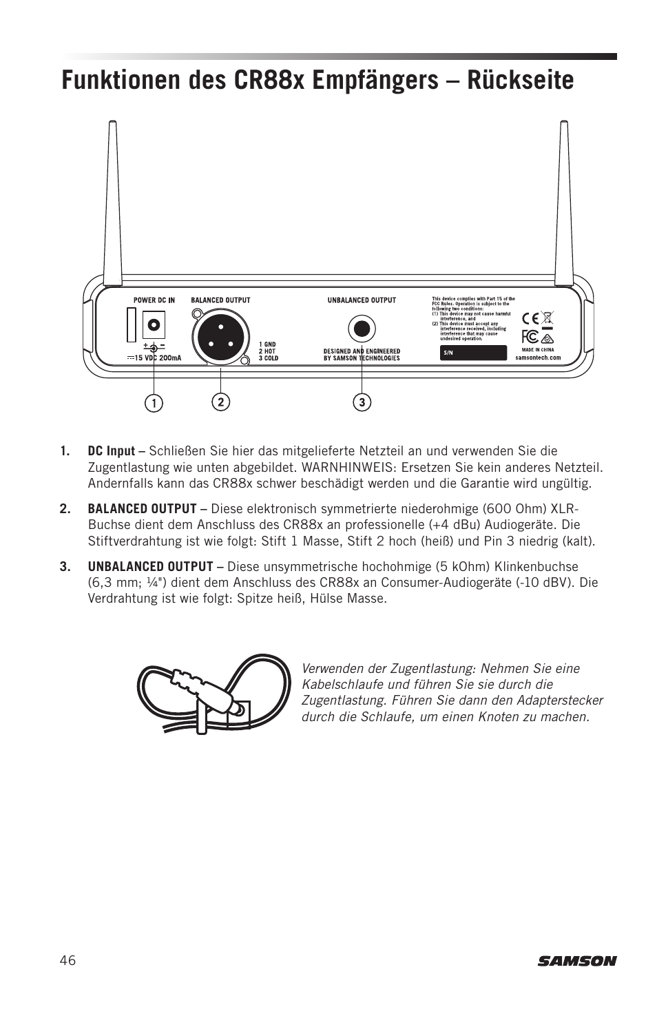 Funktionen des cr88x empfängers – rückseite | Samson AH8 AirLine 88 Wireless Fitness Headset Microphone Transmitter (D: 542 to 566 MHz) User Manual | Page 46 / 84