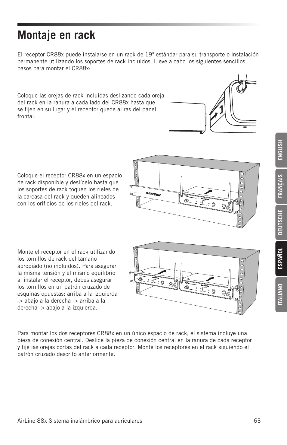 Montaje en rack | Samson AH8 AirLine 88 Wireless Fitness Headset Microphone Transmitter (D: 542 to 566 MHz) User Manual | Page 63 / 84