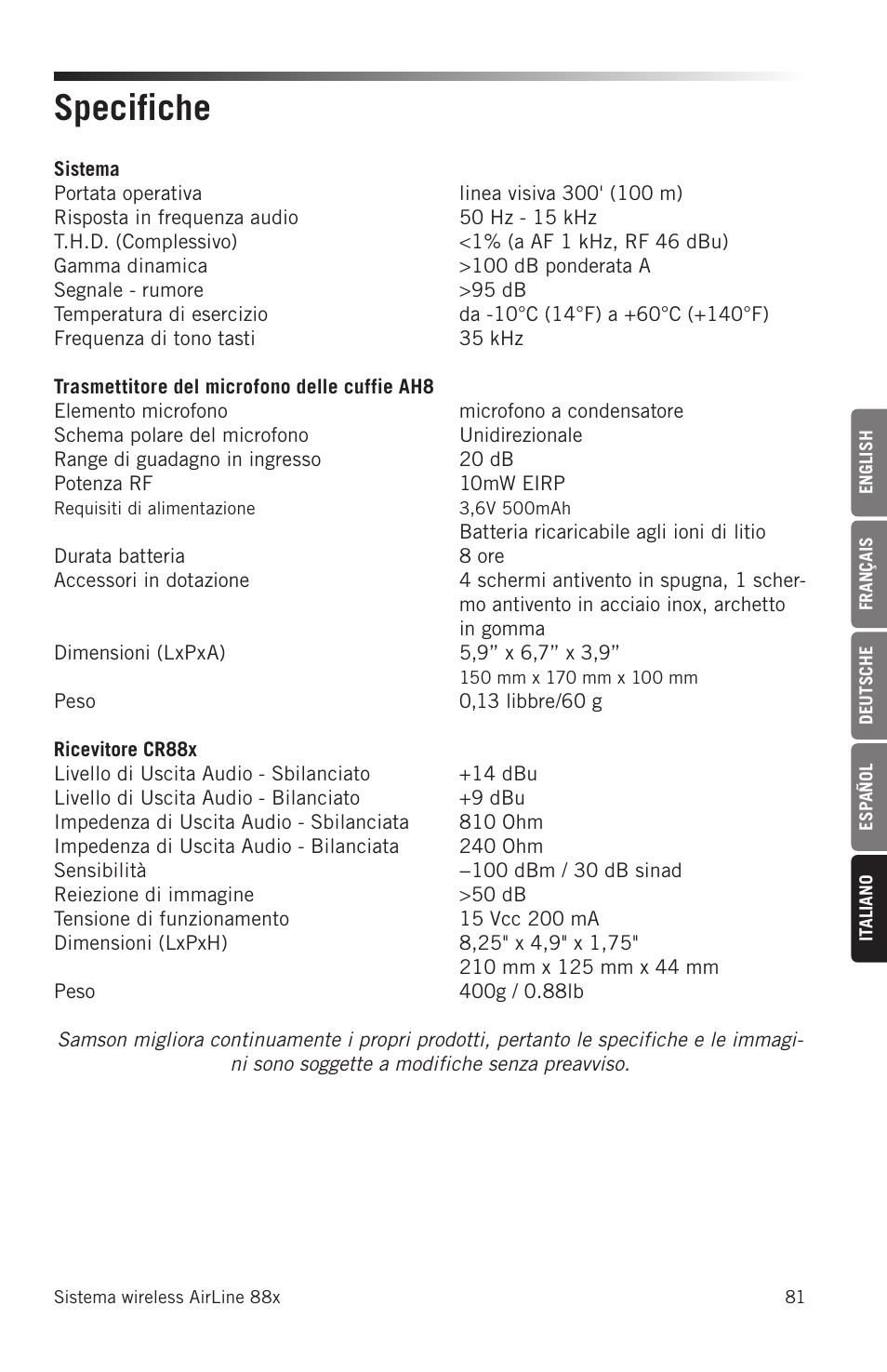 Specifiche | Samson AH8 AirLine 88 Wireless Fitness Headset Microphone Transmitter (D: 542 to 566 MHz) User Manual | Page 81 / 84