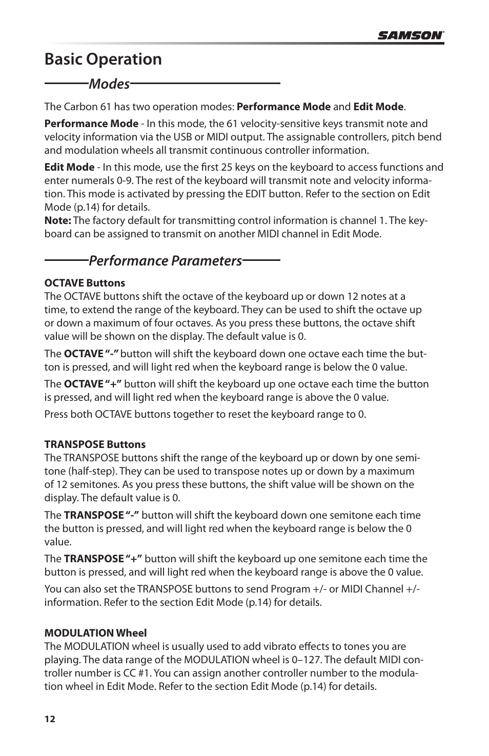 Basic operation, Modes performance parameters | Samson Carbon 61 - USB/MIDI Keyboard Controller User Manual | Page 12 / 24