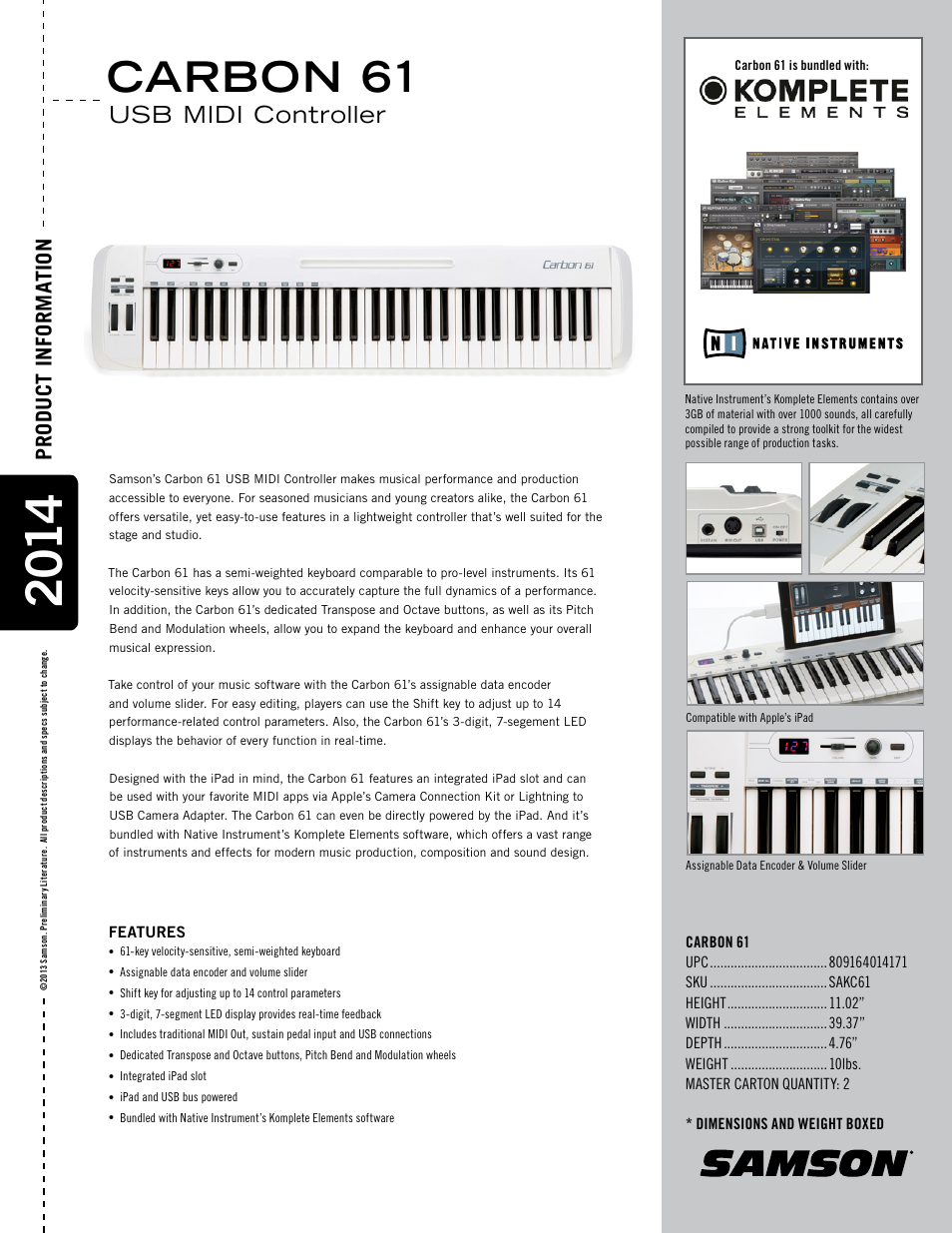 Samson Carbon 61 - USB/MIDI Keyboard Controller User Manual | 1 page