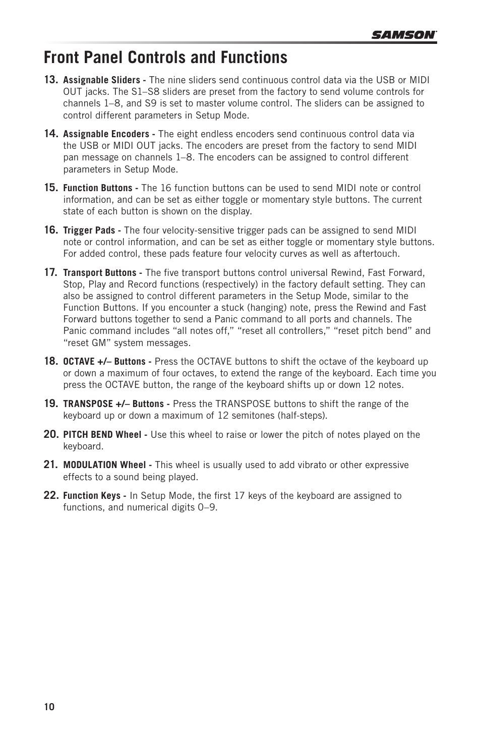 Front panel controls and functions | Samson Graphite 49 - USB/MIDI Keyboard Controller User Manual | Page 10 / 164