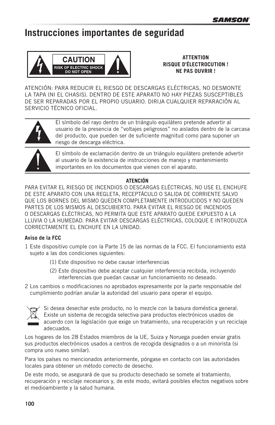 Instrucciones importantes de seguridad | Samson Graphite 49 - USB/MIDI Keyboard Controller User Manual | Page 100 / 164