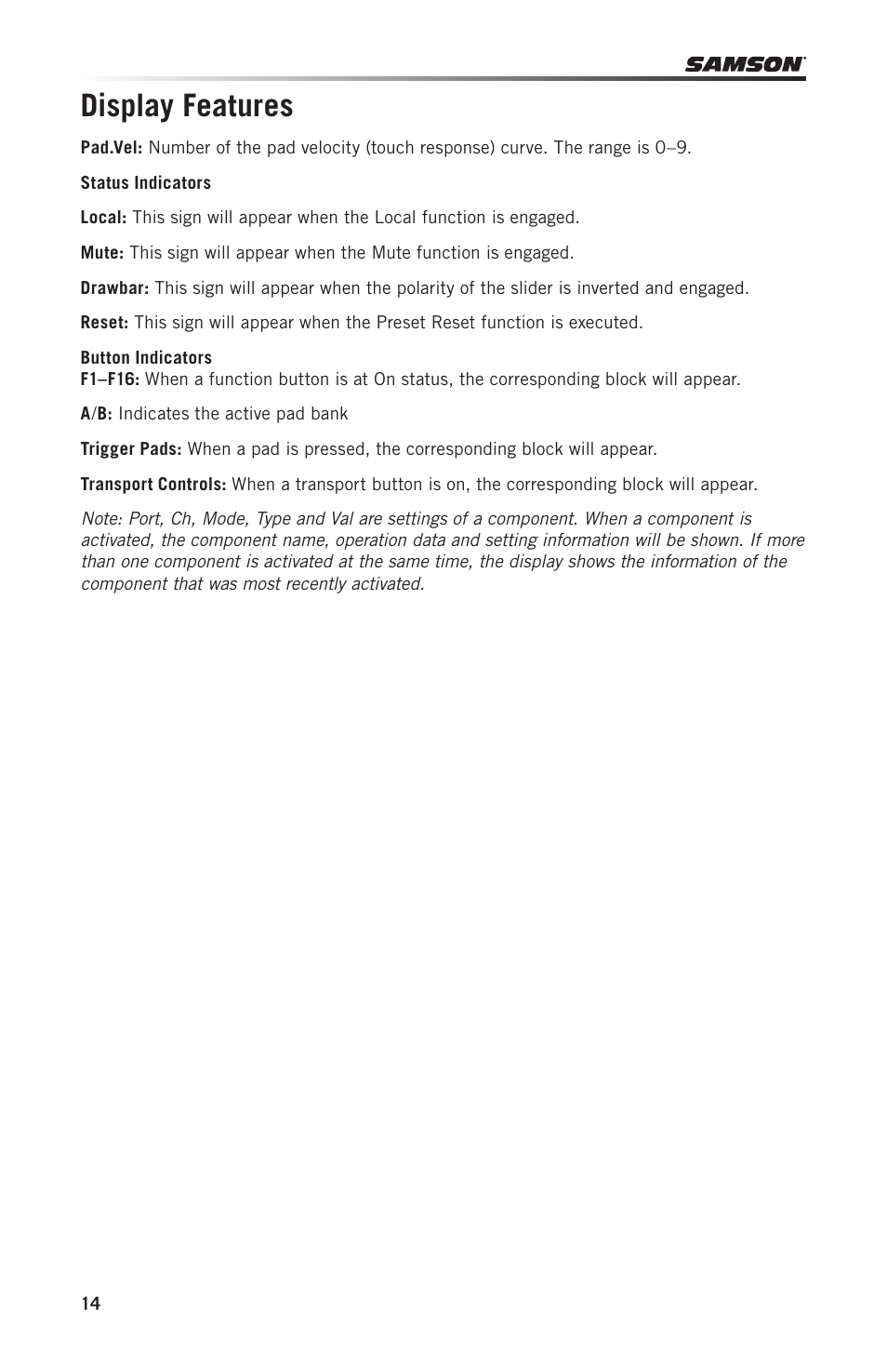 Display features | Samson Graphite 49 - USB/MIDI Keyboard Controller User Manual | Page 14 / 164