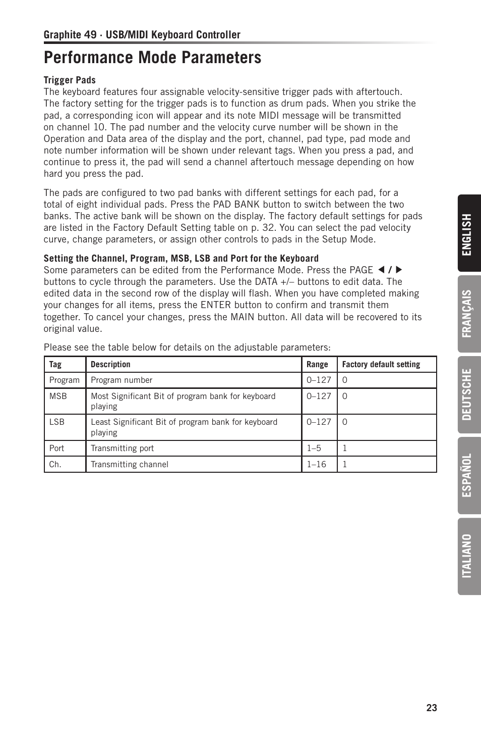 Performance mode parameters, En gl ish français deutsche esp añol it aliano | Samson Graphite 49 - USB/MIDI Keyboard Controller User Manual | Page 23 / 164