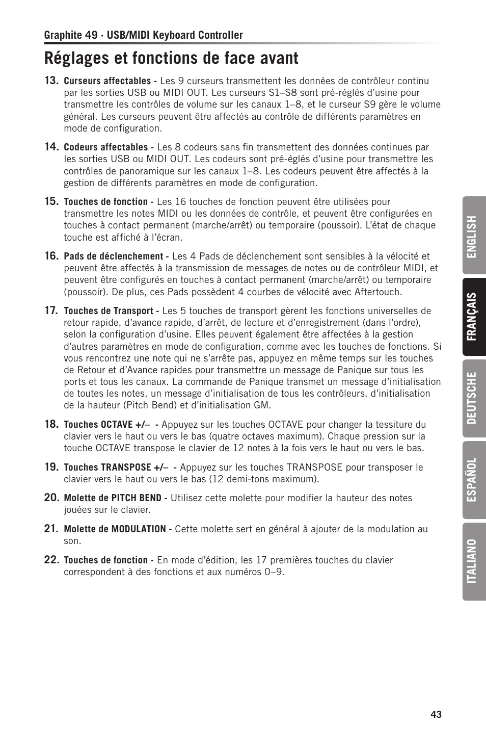 Réglages et fonctions de face avant | Samson Graphite 49 - USB/MIDI Keyboard Controller User Manual | Page 43 / 164