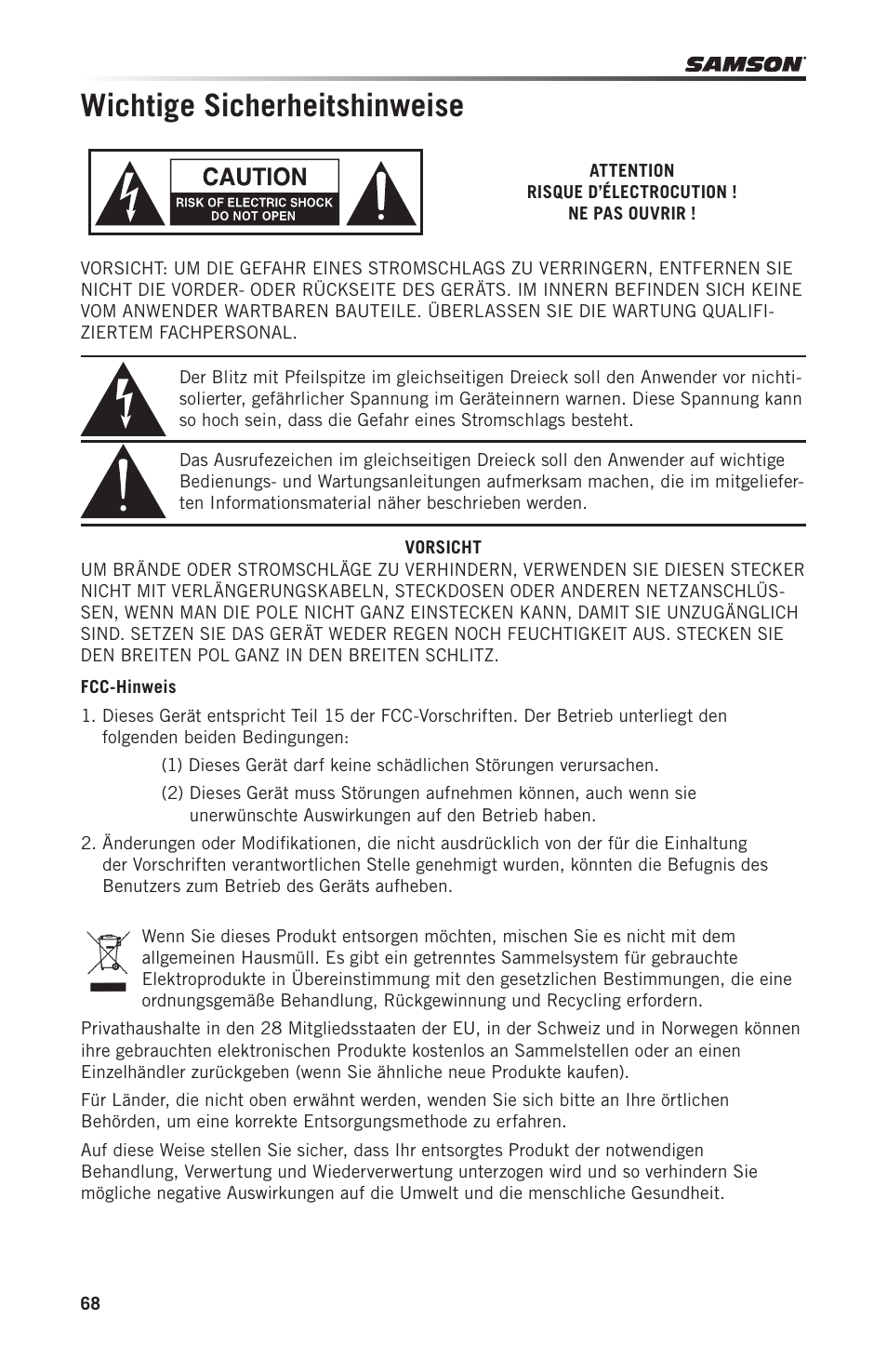 Wichtige sicherheitshinweise | Samson Graphite 49 - USB/MIDI Keyboard Controller User Manual | Page 68 / 164